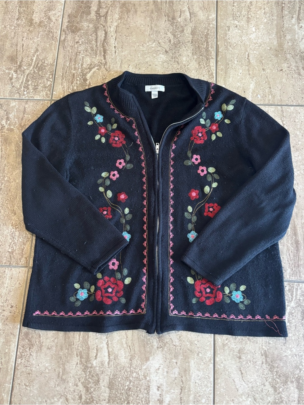 Black floral vintage cottagecore embroidered zip up cardigan 100% acrylic